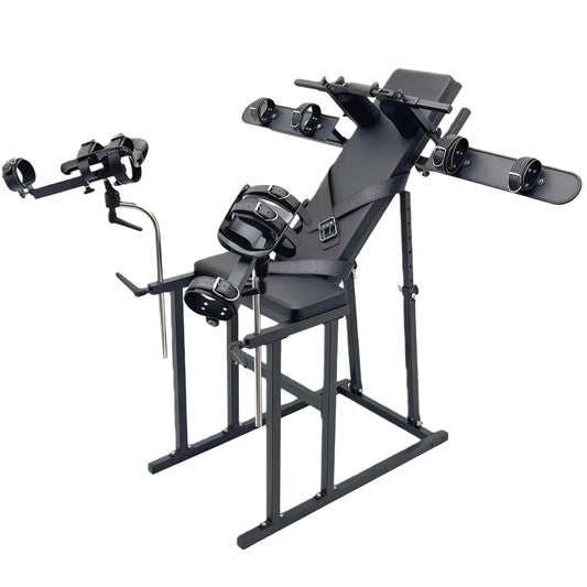 Overall front angle view of the THORN GARDEN Gyno Bondage Chair featuring professional-grade steel frame, dual-support backplate, adjustable backrest, and integrated restraint system