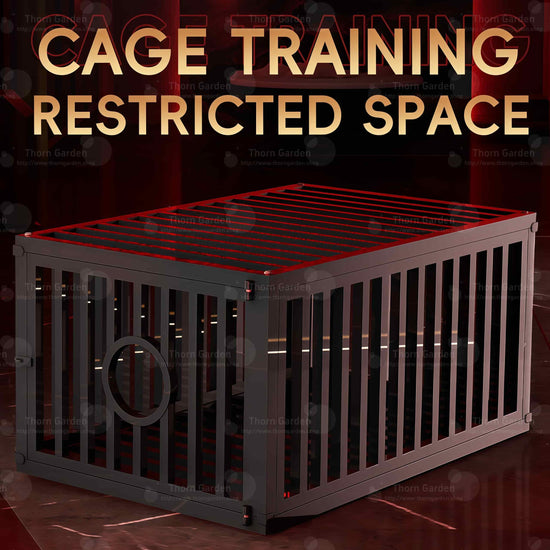 Promotional render of the THORN GARDEN Heavy Duty BDSM Bondage Cage - TGQL featuring the heavy-duty all-metal steel construction, matte black finish, and bold text overlay across the top reading CAGE TRAINING RESTRICTED SPACE