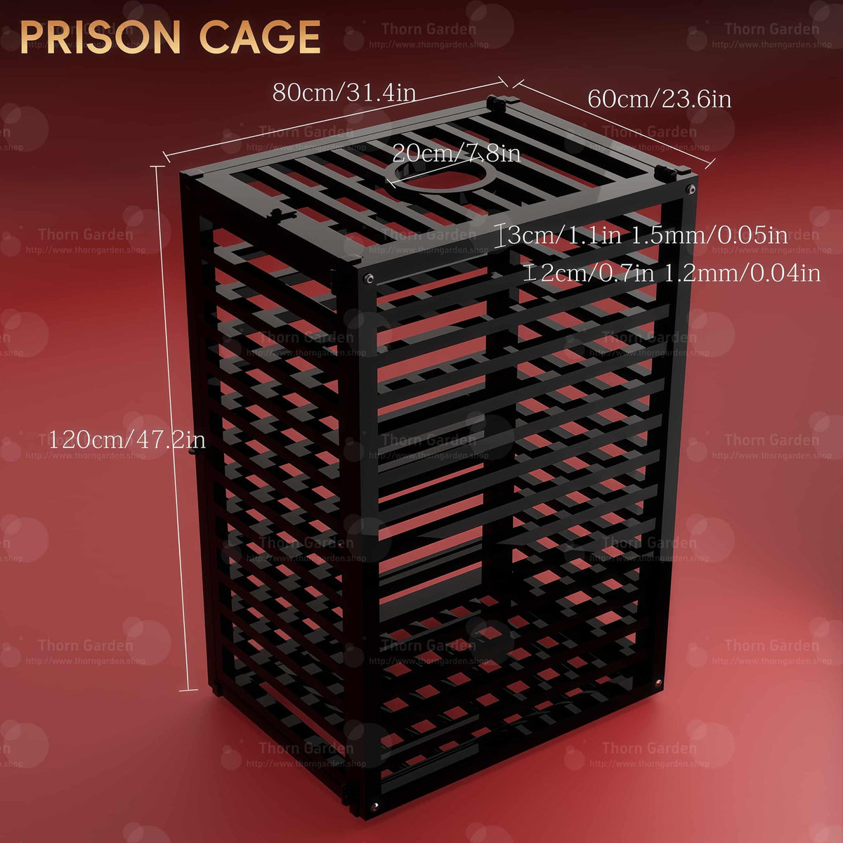 Product dimension diagram of the THORN GARDEN Heavy Duty BDSM Bondage Cage - TGQL highlighting overall height 120 cm (47.2 in), width 80 cm (31.4 in), depth 60 cm (23.6 in), neck opening 20 cm (7.8 in), and steel frame bar thickness specifications
