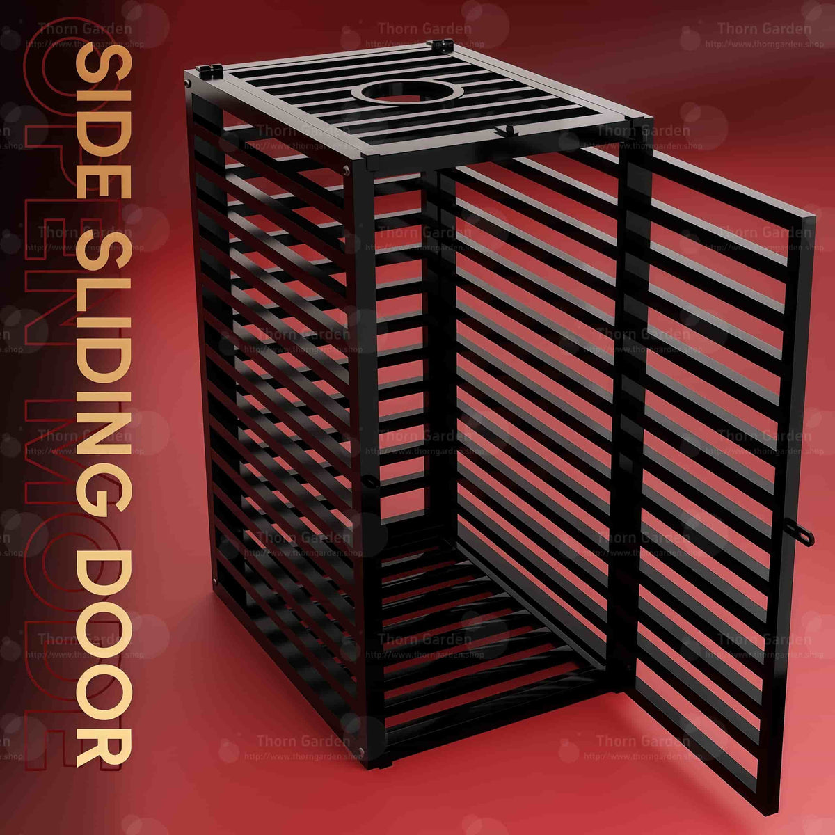 Product detail view of the THORN GARDEN Heavy Duty BDSM Bondage Cage - TGQL highlighting the heavy-duty all-metal steel construction, matte black finish, and sliding front feed door mechanism with vertical text overlay reading FEED SLIDING DOOR