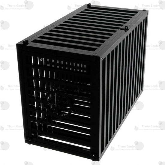 Product detail view of the THORN GARDEN Heavy Duty BDSM Bondage Cage - TGQL highlighting the heavy-duty all-metal steel construction, matte black finish, and sliding front feed door mechanism with vertical text overlay reading FEED SLIDING DOOR