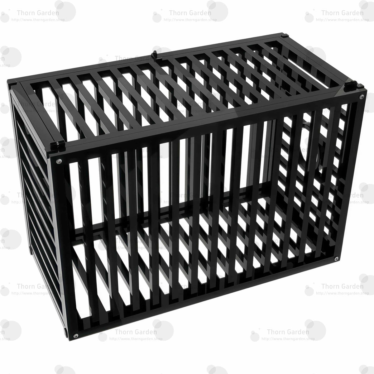 High-angle overview of the THORN GARDEN Heavy Duty BDSM Bondage Cage - TGQL highlighting the heavy-duty all-metal steel construction, matte black finish, and closely spaced bar design