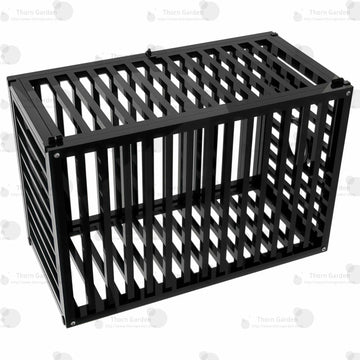 High-angle overview of the THORN GARDEN Heavy Duty BDSM Bondage Cage - TGQL highlighting the heavy-duty all-metal steel construction, matte black finish, and closely spaced bar design