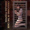 Promotional render of the THORN GARDEN Heavy Duty BDSM Bondage Cage - TGQL featuring a model in a kneeling squat position inside the all-metal steel enclosure with matte black finish and text overlay reading SQUAT CAGE KNEELING POSITION CROUCHING IN THE CAGE