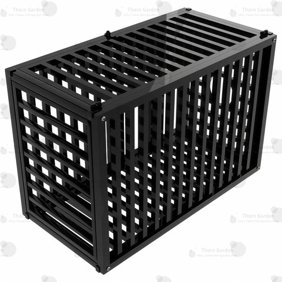 Product angle view of the THORN GARDEN Heavy Duty BDSM Bondage Cage - TGQL highlighting the heavy-duty all-metal steel construction, matte black finish, and closely spaced bar design from an elevated perspective