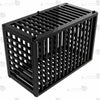 Product angle view of the THORN GARDEN Heavy Duty BDSM Bondage Cage - TGQL highlighting the heavy-duty all-metal steel construction, matte black finish, and closely spaced bar design from an elevated perspective