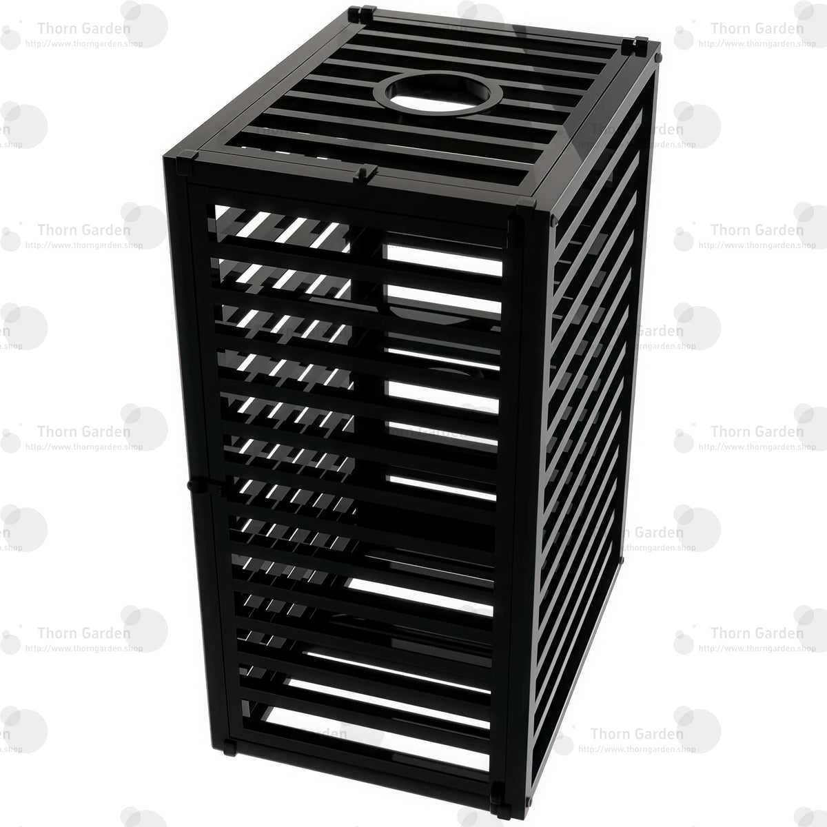 Product angle view of the THORN GARDEN Heavy Duty BDSM Bondage Cage - TGQL highlighting the heavy-duty all-metal steel construction, matte black finish, and closely spaced bar design from an elevated perspective