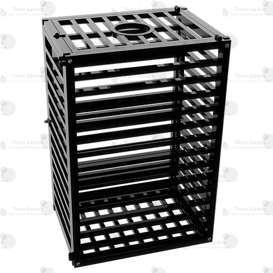 Product angle view of the THORN GARDEN Heavy Duty BDSM Bondage Cage - TGQL highlighting the heavy-duty all-metal steel construction, matte black finish, and closely spaced bar design from an elevated perspective