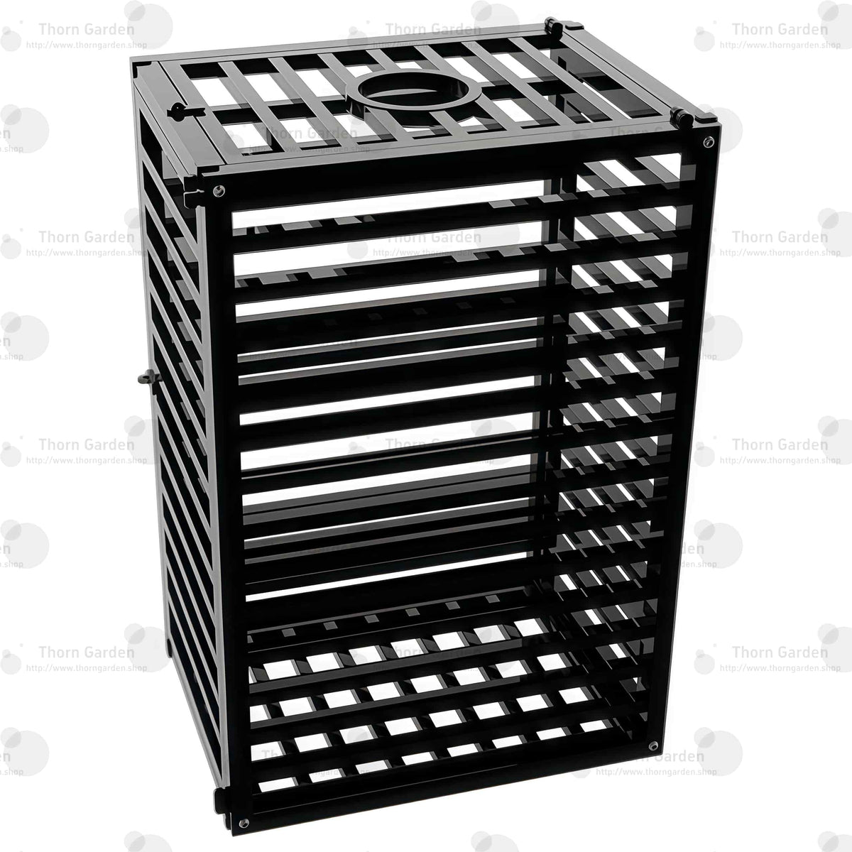 Product angle view of the THORN GARDEN Heavy Duty BDSM Bondage Cage - TGQL highlighting the heavy-duty all-metal steel construction, matte black finish, and closely spaced bar design from an elevated perspective