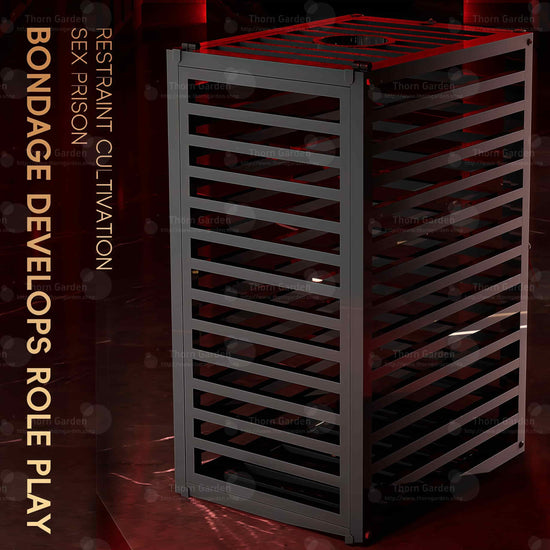 Vertical standing view render of the THORN GARDEN Heavy Duty BDSM Bondage Cage - TGQL featuring the heavy-duty all-metal steel construction, matte black finish, and vertical text overlay reading RESTRAINT CULTIVATION SEX PRISON BONDAGE DEVELOPS ROLE PLAY