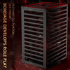 Vertical standing view render of the THORN GARDEN Heavy Duty BDSM Bondage Cage - TGQL featuring the heavy-duty all-metal steel construction, matte black finish, and vertical text overlay reading RESTRAINT CULTIVATION SEX PRISON BONDAGE DEVELOPS ROLE PLAY