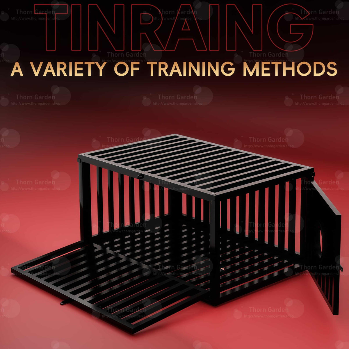Promotional render of the THORN GARDEN Heavy Duty BDSM Bondage Cage - TGQL highlighting the heavy-duty all-metal steel construction, matte black finish, and bold text overlay across the top reading TRAINING A VARIETY OF TRAINING METHODS