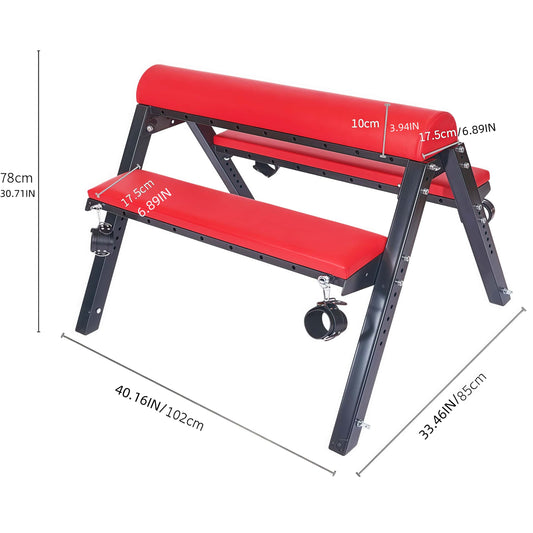 Thorn Garden Red Bondage Horse Bench - TG8924 -tuotteen mittakaavio, jossa näkyvät mitat: kokonaiskorkeus 78cm/30.71in, pituus 102cm/40.16in, leveys 85cm/33.46in, pääpenkin ja pinnan leveys 17.5cm/6.89in sekä soikean yläosan korkeus 10cm/3.94in