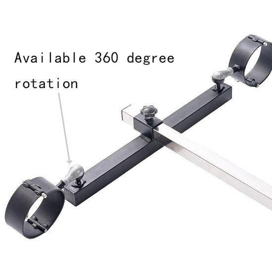 Studio product 360-degree rotation and swivel joint detail view of the THORN GARDEN 3G Bondage Stockade with metalcuffs showcasing versatile adjustment mechanics against a clean background