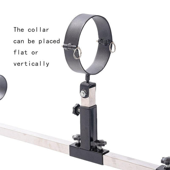 Studio product collar and cuff adjustment detail view of the THORN GARDEN 3G Bondage Stockade showcasing versatile flat or vertical positioning against a clean background
