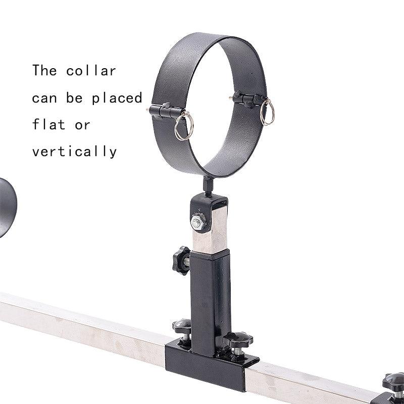 Studio product collar and cuff adjustment detail view of the THORN GARDEN 3G Bondage Stockade showcasing versatile flat or vertical positioning against a clean background