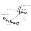 Studio product technical dimensions and specification diagram of the THORN GARDEN 3G Bondage Stockade with metalcuffs showcasing structural measurements against a clean background