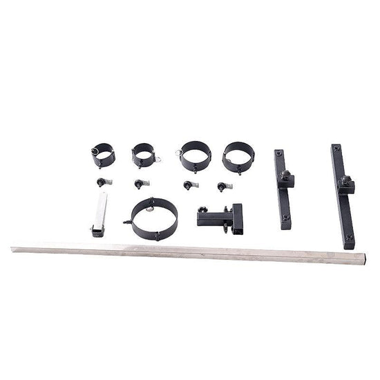 Studio product flat lay diagram of the THORN GARDEN 3G Bondage Stockade with metalcuffs showcasing complete metal hardware components and restraint parts against a clean background