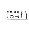 Studio product flat lay diagram of the THORN GARDEN 3G Bondage Stockade with metalcuffs showcasing complete metal hardware components and restraint parts against a clean background