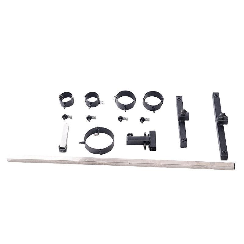 Studio product flat lay diagram of the THORN GARDEN 3G Bondage Stockade with metalcuffs showcasing complete metal hardware components and restraint parts against a clean background