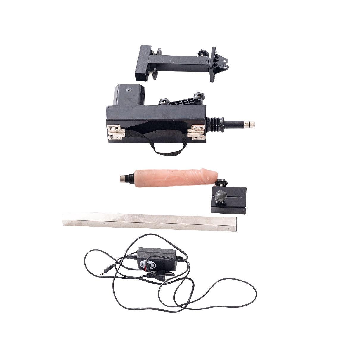 Studio product flat lay diagram of the THORN GARDEN 3G Bondage Stockade with metalcuffs showcasing complete sex machine components and mounting hardware against a clean background