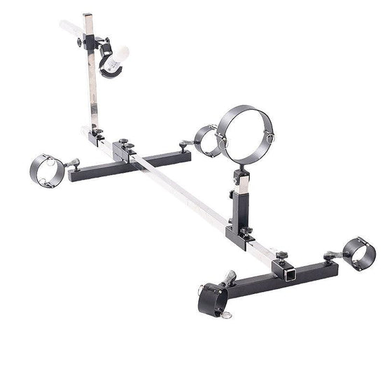 Studio product axometric overview view of the THORN GARDEN 3G Bondage Stockade with metalcuffs showcasing the heavy-duty four-limb restraint frame with machine mount against a clean white background