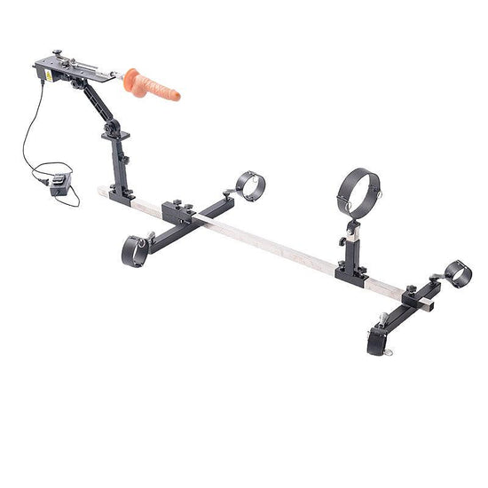 Studio product axometric angle view of the THORN GARDEN 3G Bondage Stockade with metalcuffs showcasing the heavy-duty four-limb restraint frame with machine against a clean white background