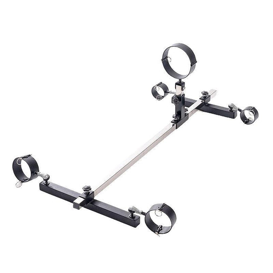 Studio product axometric overview view of the THORN GARDEN 3G Bondage Stockade with metalcuffs showcasing the heavy-duty four-limb restraint frame against a clean white background