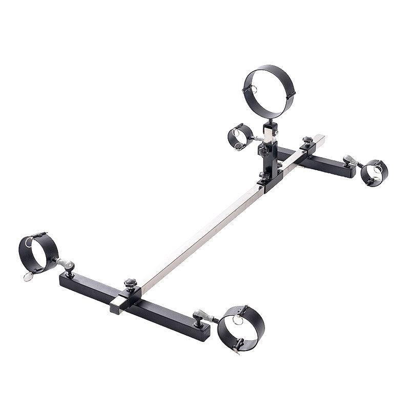 Studio product axometric overview view of the THORN GARDEN 3G Bondage Stockade with metalcuffs showcasing the heavy-duty four-limb restraint frame against a clean white background