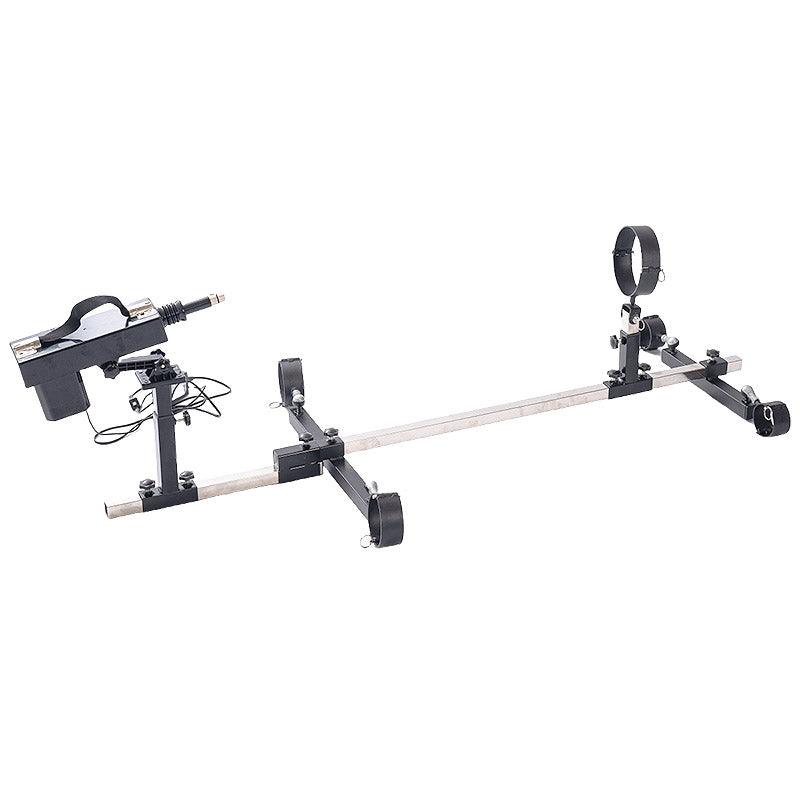 Studio product angle view of the THORN GARDEN 3G Bondage Stockade with metalcuffs showcasing the heavy-duty restraint frame with an electric sex machine against a clean white background