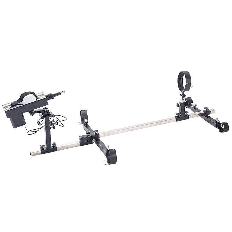 Studio product machine overview view of the THORN GARDEN 3G Bondage Stockade with metalcuffs showcasing the heavy-duty restraint frame equipped with an electric sex machine against a clean white background