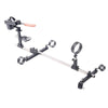 Studio product overview view of the THORN GARDEN 3G Bondage Stockade with metalcuffs showcasing the heavy-duty restraint frame equipped with an electric sex machine against a clean white background