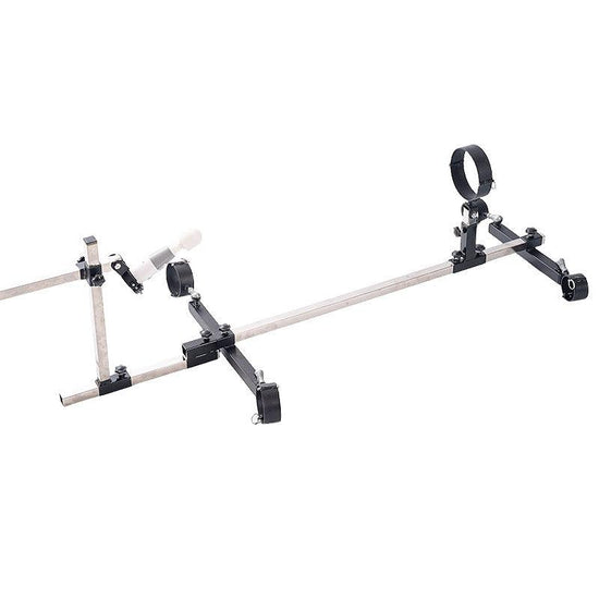 Studio product top overview view of the THORN GARDEN 3G Bondage Stockade with metalcuffs showcasing the heavy-duty four-limb restraint frame against a clean white background