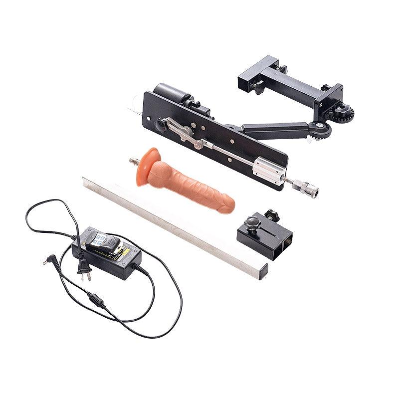 Studio product component diagram of the THORN GARDEN 3G Bondage Stockade with metalcuffs showcasing the upgraded sex machine, power adapter, and mounting accessories against a clean background