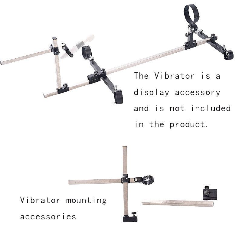 Studio product vibrator mounting accessories and component diagram of the THORN GARDEN 3G Bondage Stockade with metalcuffs showcasing structural hardware against a clean background