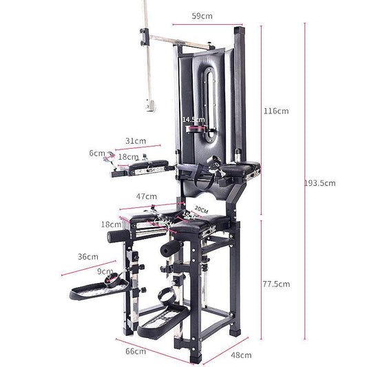 Technical product dimensions diagram of the THORN GARDEN BDSM Throne Bondage Chair showcasing the overall height, base size, and structural measurements against a white background