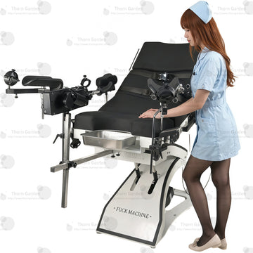 Lifestyle model demonstration view of the THORN GARDEN Electric Gyno Bondage Chair Custom showcasing the electric sex machine, gynecological stirrups, and heavy-duty frame structure