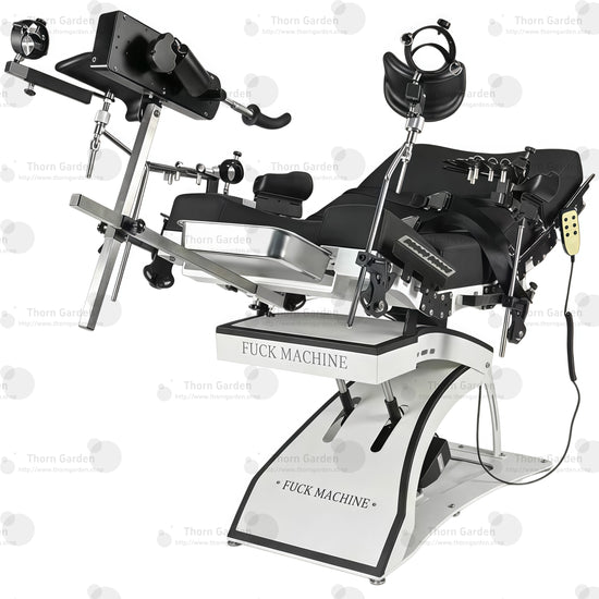Studio product axometric overview view of the THORN GARDEN Electric Gyno Bondage Chair Custom showcasing the electric sex machine, gynecological stirrups, and heavy-duty frame structure against a clean white background