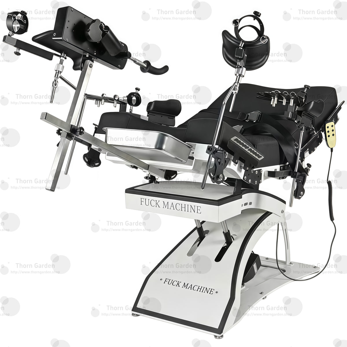 Studio product axometric overview view of the THORN GARDEN Electric Gyno Bondage Chair Custom showcasing the electric sex machine, gynecological stirrups, and heavy-duty frame structure against a clean white background