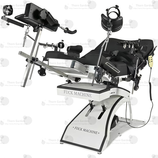 Studio product axometric overview view of the THORN GARDEN Electric Gyno Bondage Chair Custom showcasing the electric sex machine, gynecological stirrups, and heavy-duty frame structure against a clean white background