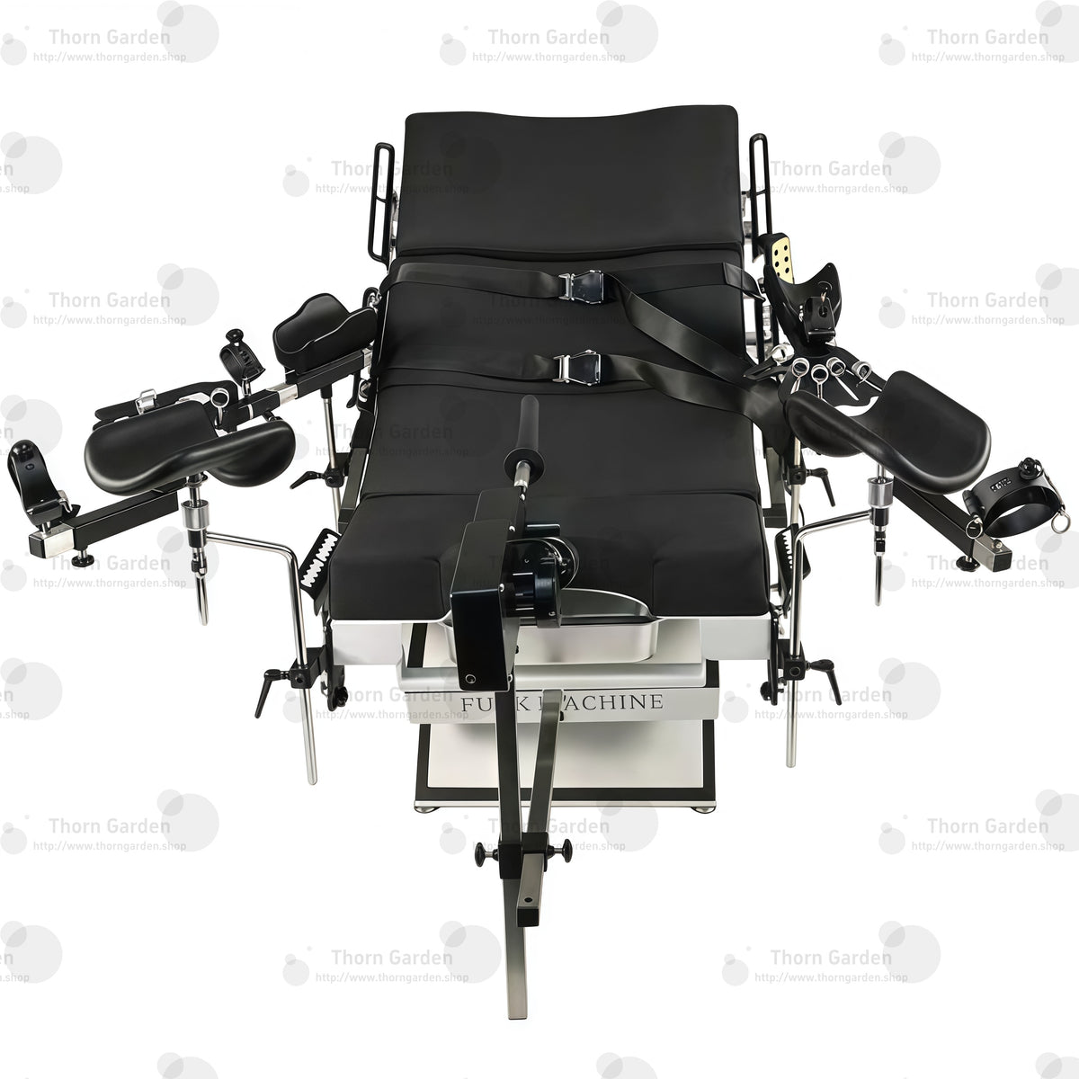Studio product front overview view of the THORN GARDEN Electric Gyno Bondage Chair Custom showcasing the electric sex machine, gynecological stirrups, and heavy-duty frame structure against a clean white background