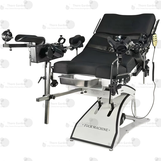 Studio product side overview view of the THORN GARDEN Electric Gyno Bondage Chair Custom showcasing the electric sex machine, medical tray, and heavy-duty frame structure against a clean white background