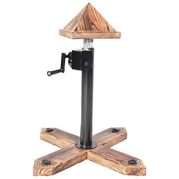 Studio product overview view of the THORN GARDEN bdsm Judas Cradle showcasing the wooden base, black metal lift column, hand crank, and pyramid seat against a clean white background