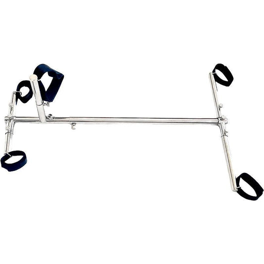 Studio product view of the THORN GARDEN Stainless Steel Bondage Stockade with Textile Cuffs featuring a durable stainless steel frame, soft textile restraints, and metal restraint rings against a white background