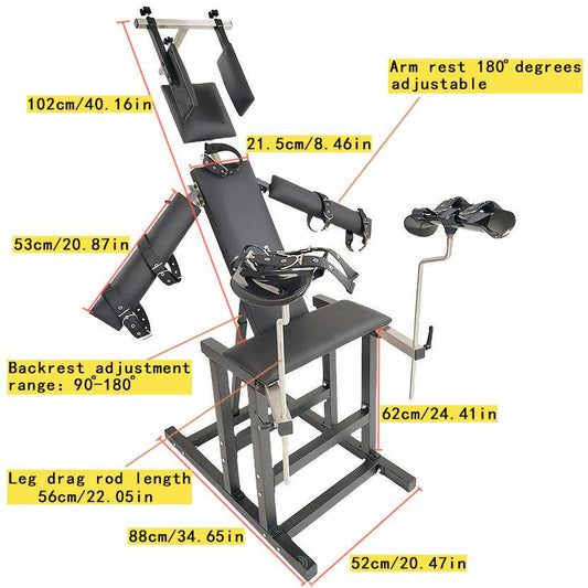 Product dimension diagram of the THORN GARDEN Upgraded bondage gyno chair showcasing adjustable angles, component sizes, and heavy-duty metal frame structure