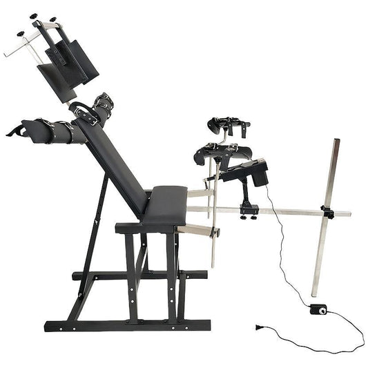 Studio product overview of the THORN GARDEN Upgraded bondage gyno chair showcasing heavy-duty metal frame, integrated restraints, and built-in sex machine against a clean white background