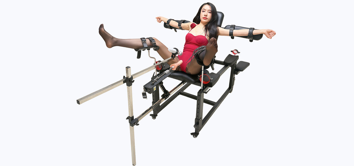 Studio banner product view of the THORN GARDEN Versatile BDSM Chair Upgraded Version featuring a durable stainless steel frame, metal restraints, and a model in a bondage pose against a white background